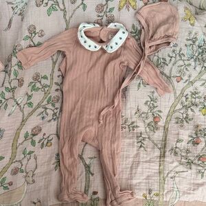 Ribbed Blush Baby Footie with Peter Pan Collar and Bonnet